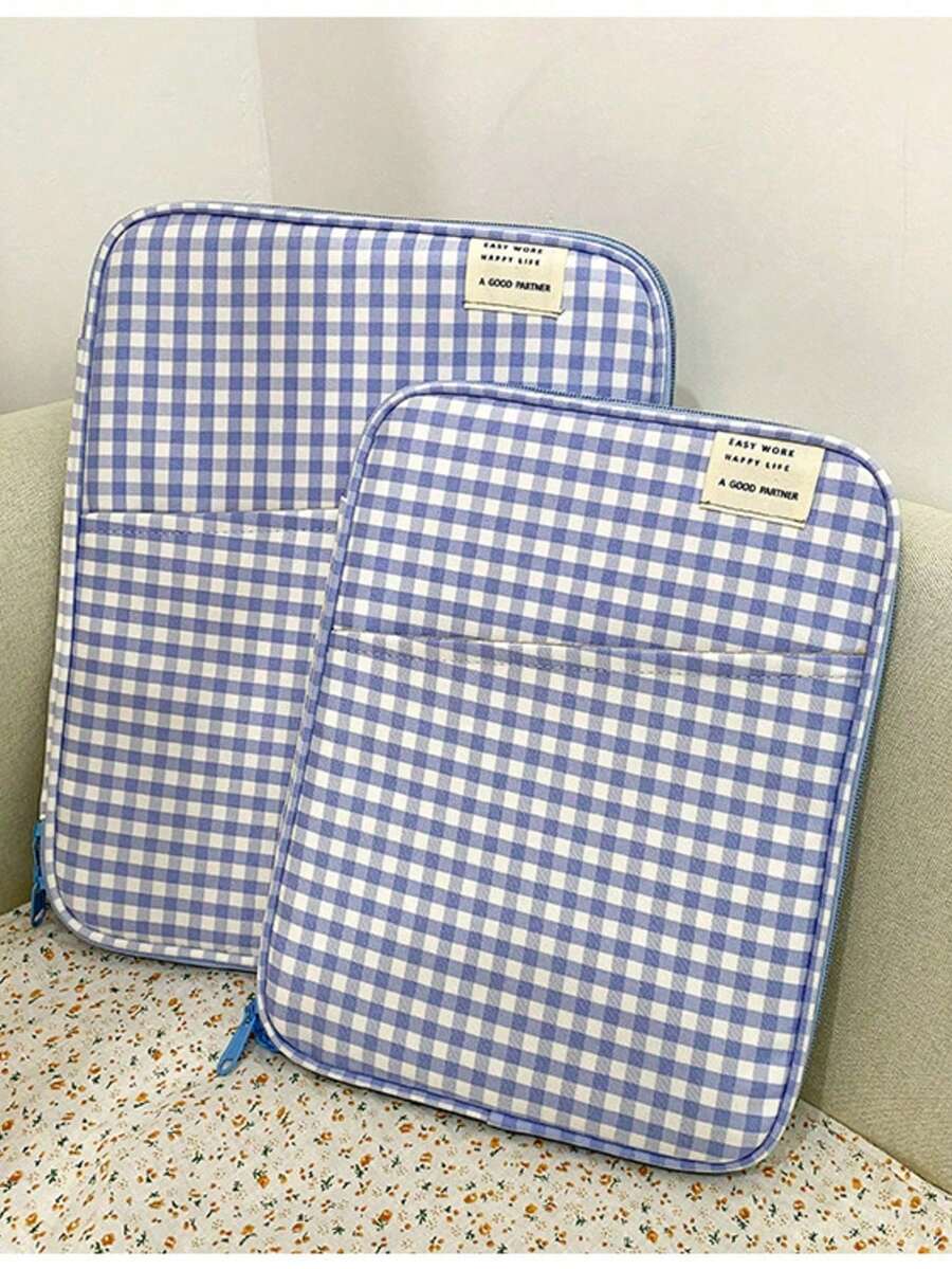 Housse de protection pour ordinateur portable/tablette pour femmes 11 pouces/13 pouces à fermeture éclair, motif à carreaux minimaliste, convient pour le travail et les études. Sac portable à carreaux, motif à carreaux, sac pour ordinateur portable, housse pour ordinateur portable, housse de protection pour ordinateur portable - Bleu azur - Voir 1