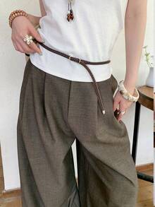 1pc Women's Coffee Brown PU Leather Vintage No-Hole Braided Niche Waist Belt - Coffee - View 2