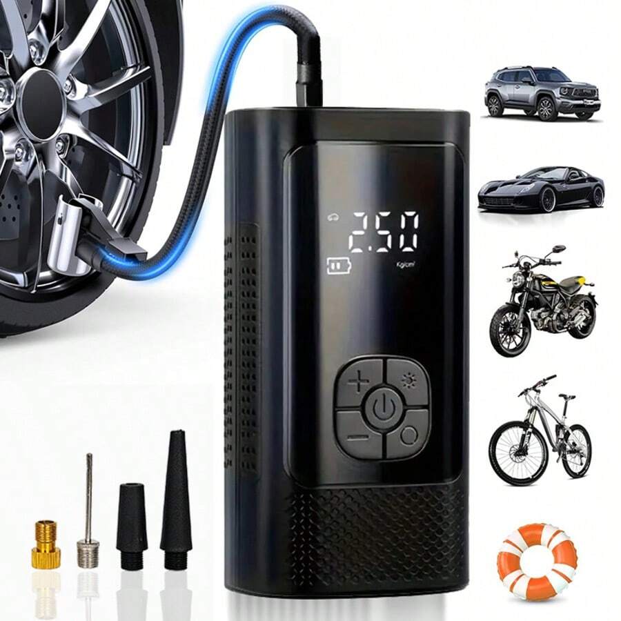 150PSI 便攜式充氣幫浦，附胎壓計與 LED 顯示螢幕，3 倍快速一鍵式智能無線充胎機，USB 供電，可充電電池