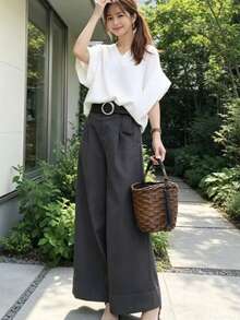 Women's 2-Piece Set: Top (T-Shirt) And Long Pants - Suit Pants, Summer Outfit, V-Neck Blouse, Battle Sleeves, Belted, Casual, Relaxed Fit, Simple, Figure-Flattering, Cute, Stylish, Suitable For Commuting, School, Adults, Office Ladies, Spring, Summer, Autumn - Grey - View 2