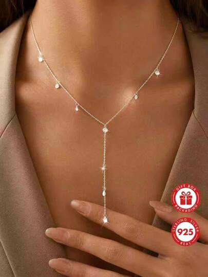 GLIMMER GI 1pc Women's S925 Sterling Silver Low-Allergy Fashion Y-Shaped Necklace, Y-Shaped Starry Sky Synthetic Zirconia Necklace Minimalist Versatile Premium New Style, Daily Wear/Vacation/Date/Birthday Gift [Gift Box Included]