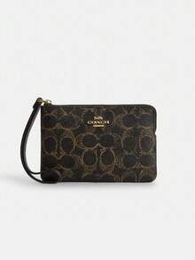 Coach Corner Zip 15/16 Monogram Wristlet Zip Short Wallet with Heart Charm Women's Wrist Strap Card Phone Purse - 棕色拼金色 - 查看 5