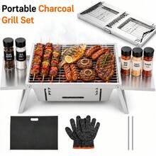 Cepasei Small Portable BBQ Charcoal Grill, Mini Folding Barbecue Grill With 4-Level Heat Control, Outdoor Tabletop BBQ Smoker For Camping, Picnic, Garden, Terrace & Travel - Silvery - View 2