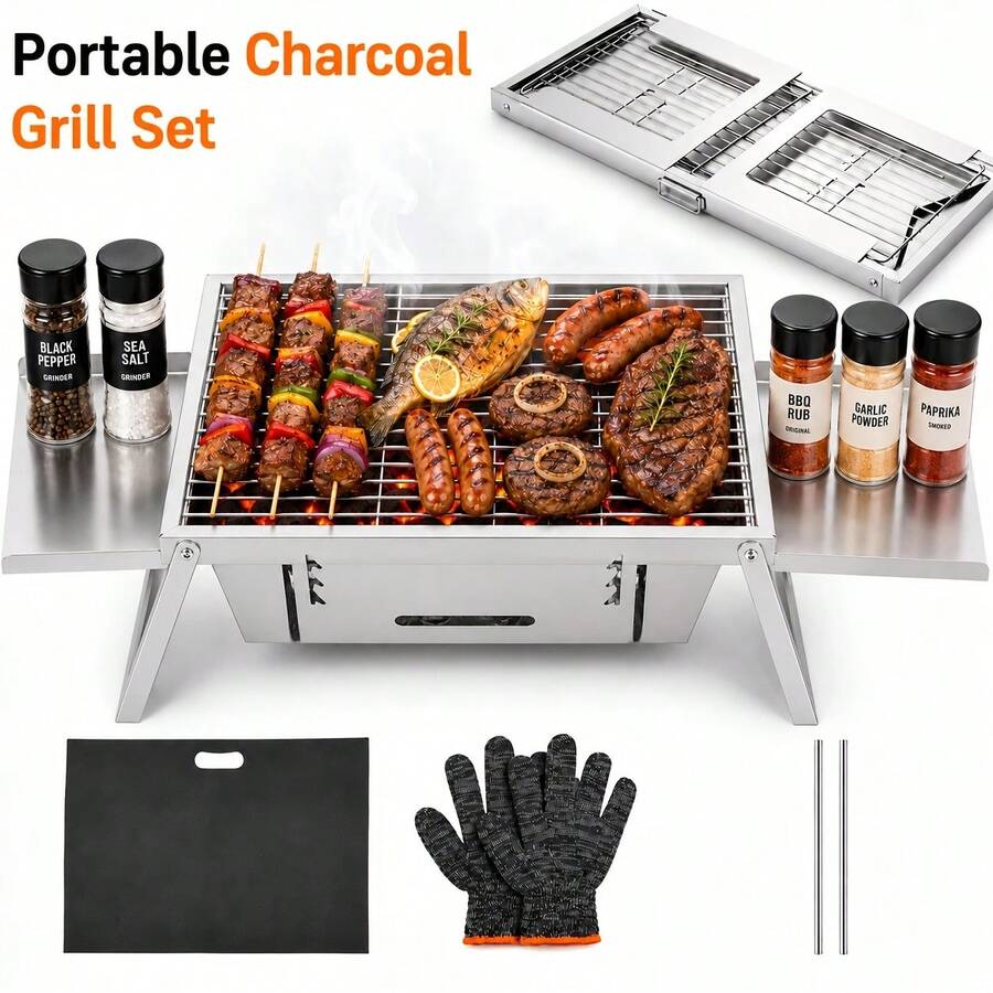 Cepasei Small Portable BBQ Charcoal Grill, Mini Folding Barbecue Grill With 4-Level Heat Control, Outdoor Tabletop BBQ Smoker For Camping, Picnic, Garden, Terrace & Travel