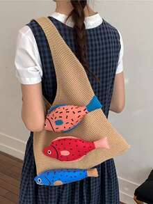 1pc White Tote Bag With 3D Fish Decoration, Large Capacity Casual Shoulder Handbag, Reusable Multi-Purpose Storage Bag, Cute Beach Tote For Summer Vacation, Daily Use, Shopping, Work, School & Travel, Lightweight & Durable Knit Shoulder Bag, Perfect Birthday/Holiday Gift For Her.,Back To School - Multicolor - View 7