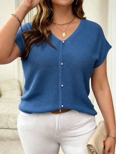 Blusa de punto de escote en V profundo talla grande, diseño de hombros caídos semitransparente, longitud regular, ligeramente elástica para el verano