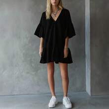 2026 New In Stock Women's Summer Loose Short Skirt With Ruffles And Solid Color V-Neck - Black - View 2