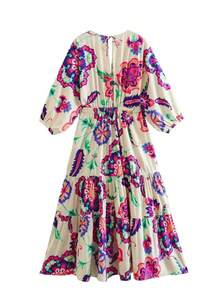 Vestido Largo con Estampado Floral, Cuello en V, Poliéster, Primavera 2025, Ropa Casual para Mujer, Estilo Básico, Falda Esta...2026 - Color de la imagen - Ver 2