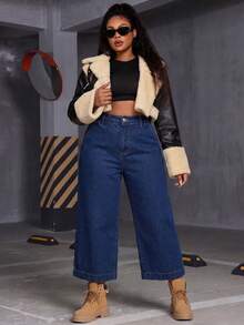 Women's Plus Size High Waist Wide Leg Dark Wash Casual Denim Cropped Jeans - Blue - View 4