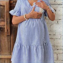 HENG
  Vestido de enfermería con cuello en V, manga corta con volantes, estampado floral y lazo, a rayas, informal, adecuado para la playa y vacaciones, para maternidad - Azul y blanco - Ver 2