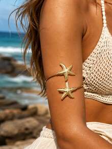 6 Peças/Conjunto Bracelete de Braço Estilo Boêmio Dourado, Pulseira de Braço Ajustável Joias para Mulheres, Acessórios de Férias de Verão na Praia - D045 - Visão 3