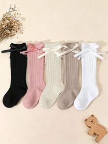 5 Pairs Girls' Long Bow Solid Color Ribbed Mid-Calf Socks, Sweet Cute Lady Princess Style Calf Socks, Student Socks, Suitable For Girls' Daily Wear - Multicolor - View 3