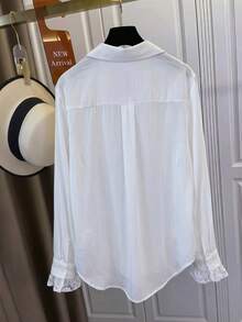 Women's White Long Sleeve Polyester Shirt With Lace Decoration, Fashionable Daily Wear, Pocket Design, Regular Fit - White - View 3
