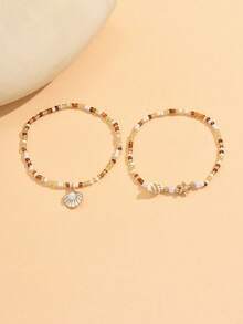 2pcs/Set Gelang Manik-Manik Bentuk Bintang Laut dan Cangkang, Perhiasan Tangan Wanita Gaya Pantai Laut Minimalis Buatan Tangan, Cocok untuk Pemakaian Sehari-hari dan Perjalanan Liburan, Susunan Warna Manik-Manik Acak - MultiWarna - View 2