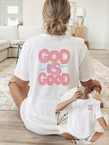Minimalist. 100% Cotton. 1pac2026 New Arrival Summer [Double-Sided Print] Women's T-Shirt, Short Sleeve, Round Neck, Casual Top, 3D Pink Print With The Words "GOD IS GOOD", Breathable Fabric Machine Washable, Suitable For All Seasons, Comfortable Short Sleeve In Pure Cotton. Spring Summer Top - 白色 - 查看 1