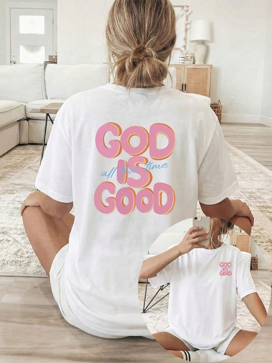 Minimalist. 100% Cotton. 1pac2026 New Arrival Summer [Double-Sided Print] Women's T-Shirt, Short Sleeve, Round Neck, Casual Top, 3D Pink Print With The Words "GOD IS GOOD", Breathable Fabric Machine Washable, Suitable For All Seasons, Comfortable Short Sleeve In Pure Cotton. Spring Summer Top - 白色 - 查看 1
