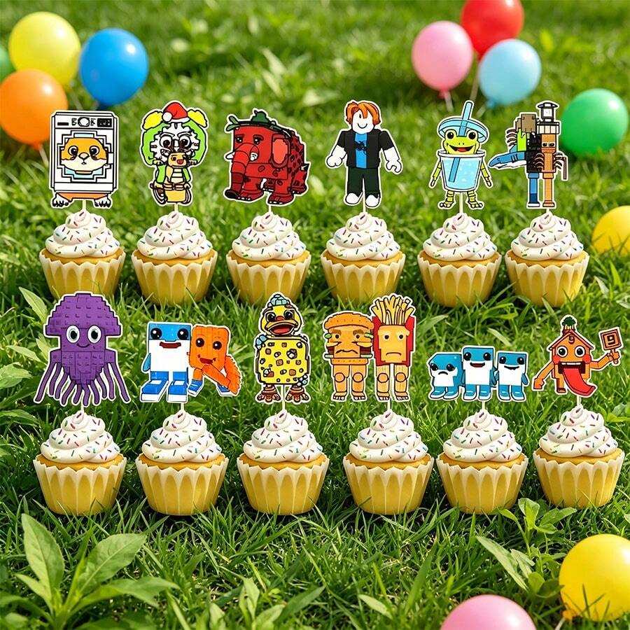 Roblox 12 piezas de adornos para pastel de papel divertidos de 5 cm, forma de bandera colorida de juego de dibujos animados, decoraciones de fiesta para pastel para cumpleaños, boda, graduación, baby shower - Roba un cupcake de Brainrot - Ver 1