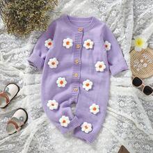 Infant Korean Style Gentle Purple Knitted Long Sleeve Romper, Baby Girl Sweet Style 3D Flower Romper, Baby Round Neck Front Button Romper - Purple - View 2