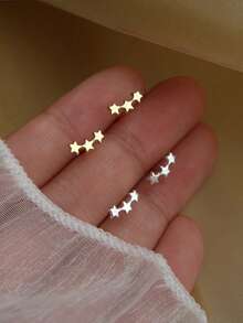 A Pair Of Cute, Mini, Simple, Versatile, And Exquisite S925 Sterling Silver Plated 14K Gold Earrings, Summer Star Earrings With Five Pointed Stars, Suitable For Girls And Women To Wear On A Daily Basis, And As A Gift Accessory For Women. - Gold - View 3