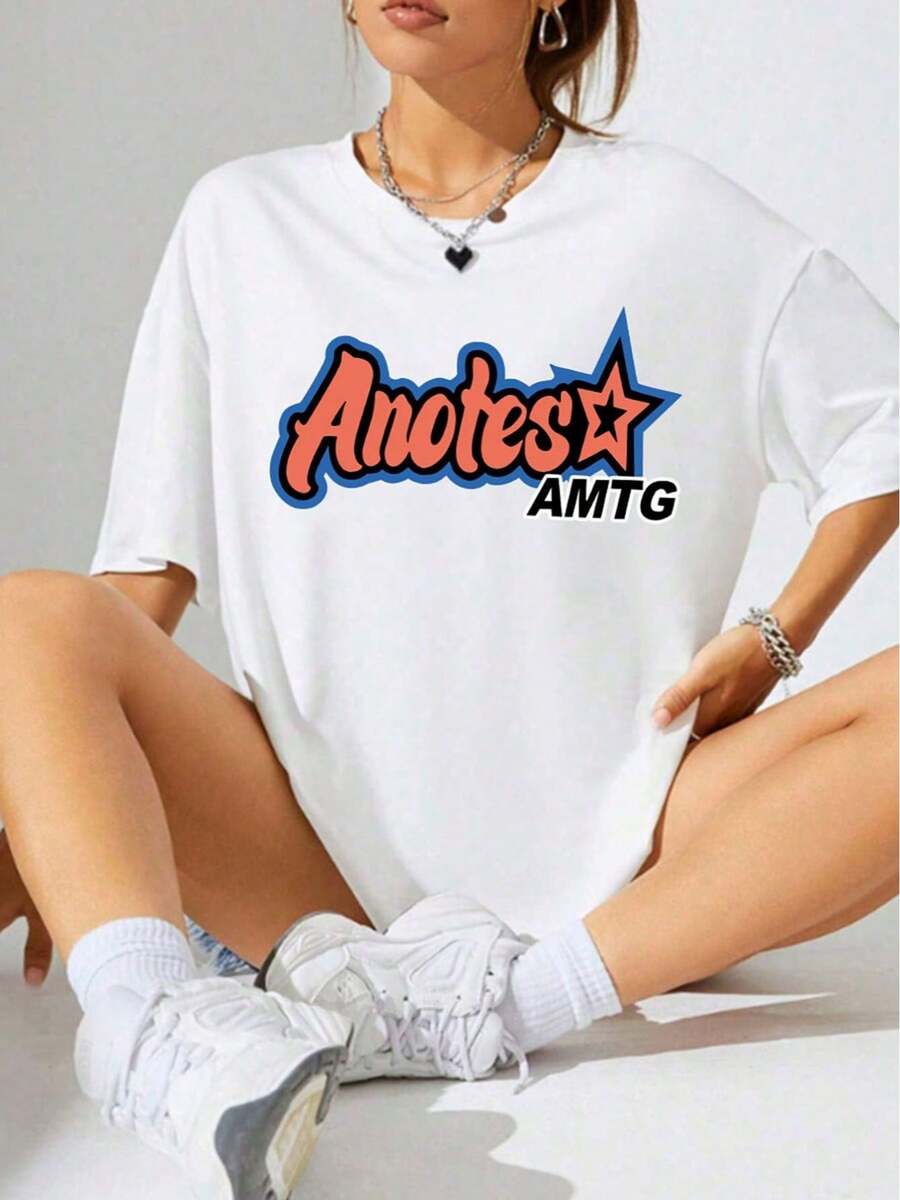 Plus-Size Women's T-Shirt With Printed Lettering And A Five-Pointed Star Pattern, Loose And Casual Fit. Plus-Size Clothing Sizes - 白色的 - 查看 1