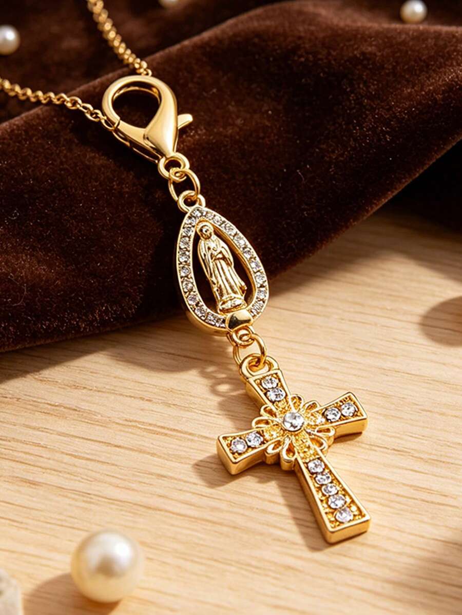 Christian Cross Pendant Keychain, Decorated With Pearls And Diamonds, Can Be Used As Amulet, Cross Keychain, Bag Charm, Cross Pendant, Wallet/Backpack Decorative Accessory, Earphone Case Accessory, Suitcase/Car Decorative Keychain With Ring Buckle