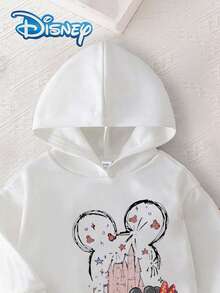 Conjunto de 2 piezas de pantalones largos de felpa fina para bebé niña Disney Minnie & Mickey Mouse, otoño/invierno, sudadera con capucha para recién nacido e infante con estampado divertido de dibujos animados de Minnie & Mickey, pantalones largos de punto con rayas verticales y decoración de parche de letras, conjunto casual versátil y lindo para uso diario de niña pequeña, adecuado para uso al aire libre, regalo ideal - Blanco - Ver 3