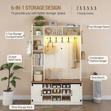 HaluPeit 47.2" Hall Tree, LED Farmhouse Entryway Storage And Coat Rack Wood, Entryway Furniture With 7 Hooks, Hall Tree With Bench And Storage, 6 Storages Partitions Shoe Bench, Rustic White - White - View 5