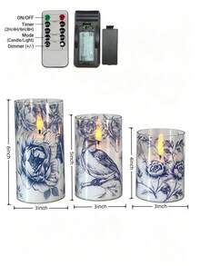 Blue And White Porcelain Floral Bird Print Electronic Candle Set, 3pcs, Remote Control Timer Solar Powered Waterproof LED Faux Candles, French Vintage Blue And White Pattern Glass Cup Candles, Romantic Atmosphere Decor, Christmas / Wedding / Birthday / Valentine's Day / Party Home Decor, Suitable For Living Room, Bedroom, Bathroom, Outdoor - Blue and White Porcelain - View 6