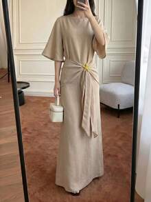 Women's Light Khaki Extra Long Ruffle Sleeve Dress With Starfish Metal Buckle Decoration, Slouchy Elegant Beach Casual Vacation Outfit Summer - Khaki - View 6