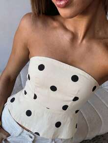 Top ajustado de mujer de estilo vintage y retro con lunares, casual de verano - Albaricoque 2 - Ver 2
