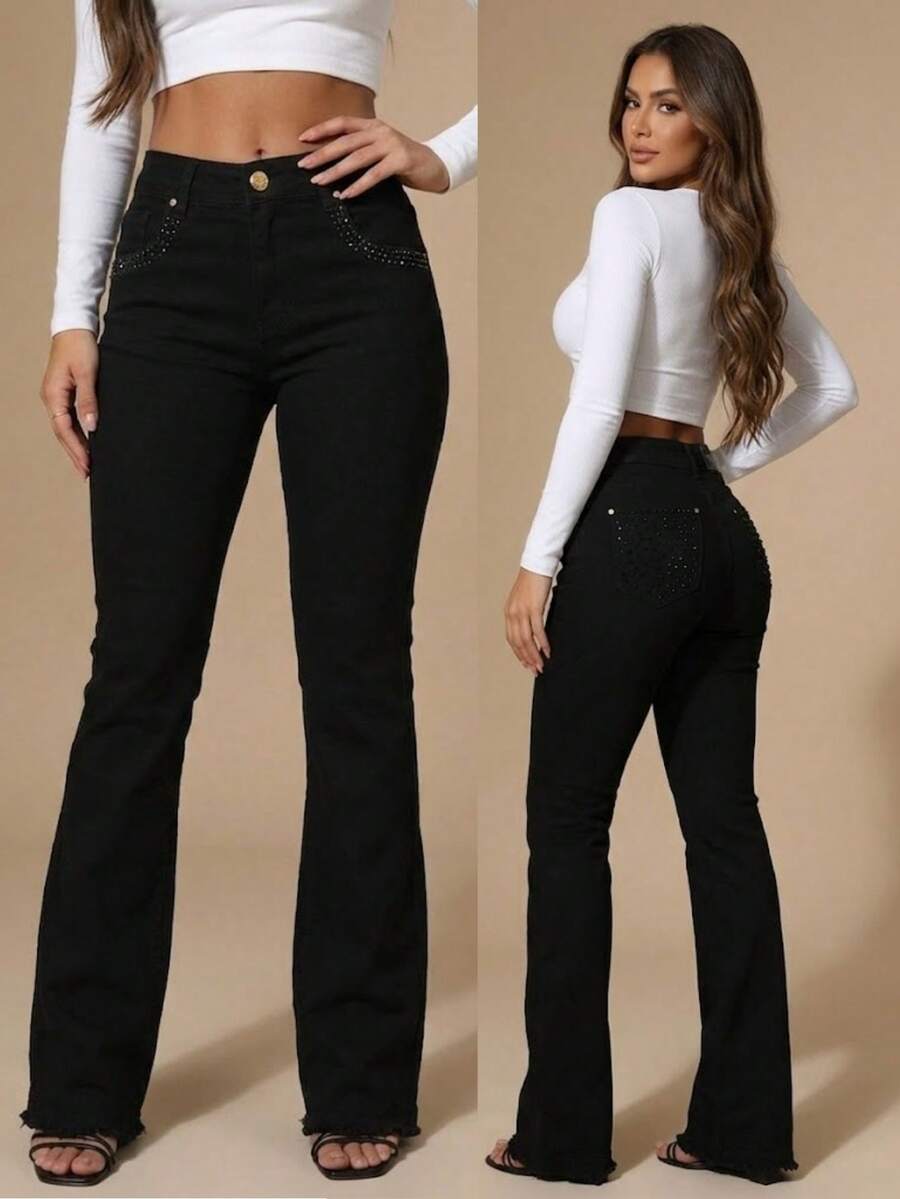 pthirillo Women's Black Flare Jeans With Butt-Lifting Effect, High Waist, And Rhinestone Detail - Premium Rhinestone Jeans - 黑色水鑽口袋 - 查看 1