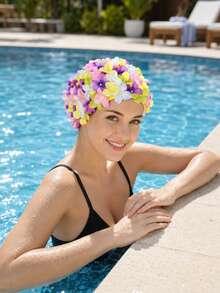 1PC Double-Layered Floral Swimming Cap,Lightweight And Stretchable,Ideal For Short & Medium Hair,Pool, Beach,Vacation, Water Sports,Hair Protection From Chlorine & Sun,Fashionable Swimwear Accessory,Poolside & Beach Essentials - Multicolor - View 8