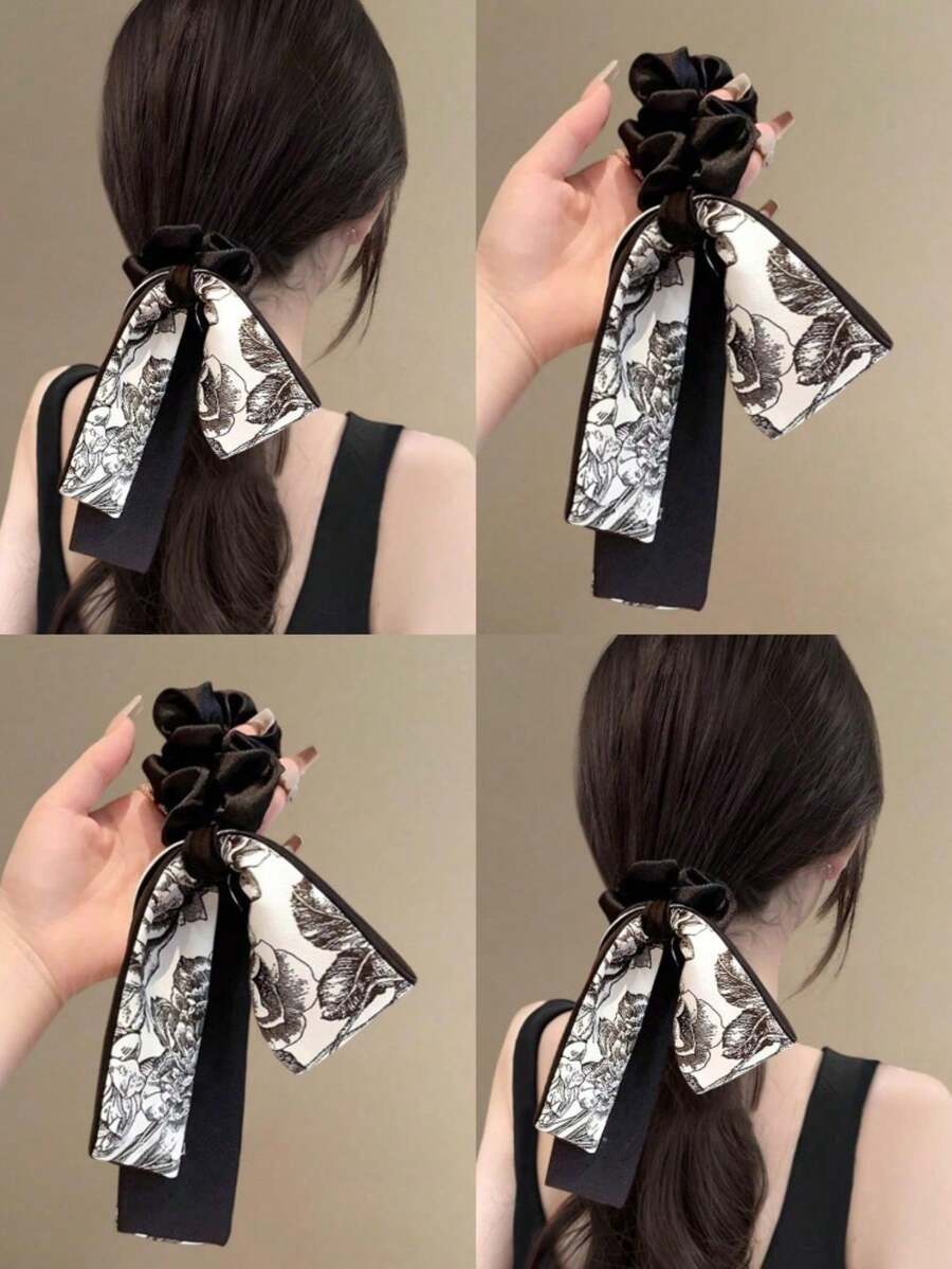 1/2件裝絲綢緞面蝴蝶結捲髮髮圈,優雅低馬尾盤髮髮飾,女款彈性髮帶 - 彩色 - 查看 1