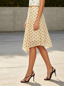 Womens Summer Midi Skirt A Line Stylish Dot Print Asymmetrical Hem Mid Rise Skirts - Yellow - View 7