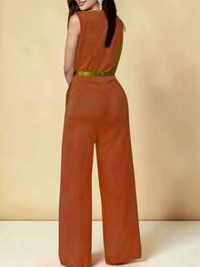 Elegant Palazzo Jumpsuit With Crossover Neckline And Adjustable Belt Included - Burnt Orange - View 2