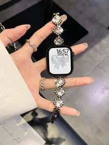 Huastonband 女款黑色手鍊錶帶，適用於 ，時尚鑲鑽奢華花卉設計金屬不鏽鋼腕帶，相容 38/40/41/42/44/45/46/49mm 系列 Ultra/SE/S11/S10/S9/S8/S7/S6/S5/S4/S3/S2，優雅夏季女用珠寶海灘配件 - 黑色 - 查看 7