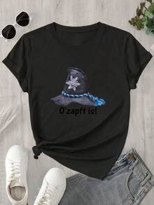Camiseta de manga corta y cuello redondo para mujer con estampado de sombrero negro y flores blancas, apta para todas las estaciones. - Negro - Ver 1