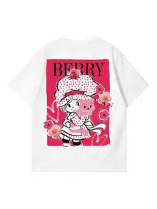 女款夏季 T-shirt，可愛「莓果」印花寬鬆休閒 T-shirt，適合日常穿著與甜美女孩風格 - 白色 - 查看 5