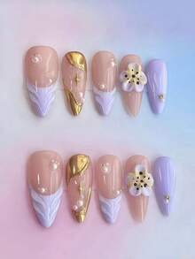 10pcs Date Essential Soft Skin Nude Pink Lavender French Gold Swirl Pearl 3D Flower Bright Color Versatile Press-On Nails - 紫丁香色 - 查看 3