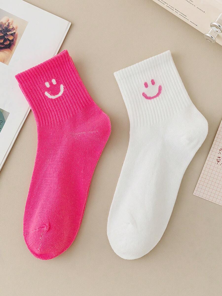 2 Pairs Women's Mid-Calf Socks Short Socks Fashion Smiling Face Pattern Mid-Calf Socks Holiday Versatile Unisex Couple Socks - Multicolor - View 1