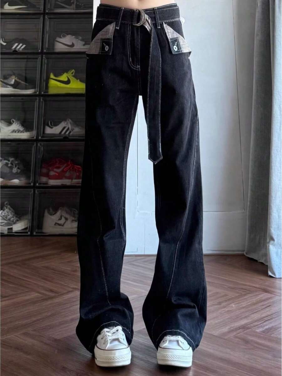 Y2K Plaid Belted Black Flare Jeans, Contrast Stitch Baggy Denim Pants With Layered Waist Detail For Alt Streetwear - 黑色 - 查看 1