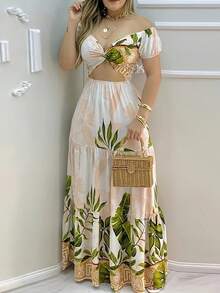 Vestido de vacaciones de verano con hombros descubiertos, vestido largo maxi casual con cuello en V para mujer, vestido corto casual de corte entallado con estampado de temperamento elegante, vestido largo calado para fiesta y  para mujer, Gavin - Beis - Ver 2