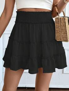 Mini Falda Bohemia de Cintura Alta para Mujer con Volantes y Shorts - Ligera, 100% Poliéster, Lavable a Máquina, Color Sólido para Atuendos Casuales y Formales - Negro - Ver 5