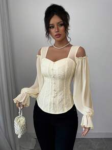 Fashionable Open-Style Design With Long Floral Jacquard Sleeves And Adjustable Shoulder Straps - 杏 - 查看 3