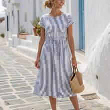 jianchaimaoyi02  Vestido largo casual de mujer con cintura ceñida y rayas, para verano - Verde pastel - Ver 7