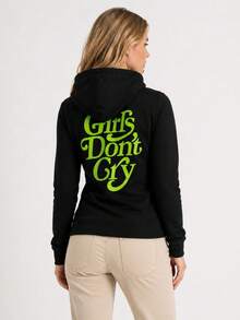 Women's Short Sweatshirt, Hooded Sweatshirt, Pulls On Over The Head, Waist Length, Sleeves And Hem Finished With Cuffs, Decorative Print, The Sweatshirt Is Smaller Than The Label Suggests. - Black - View 1