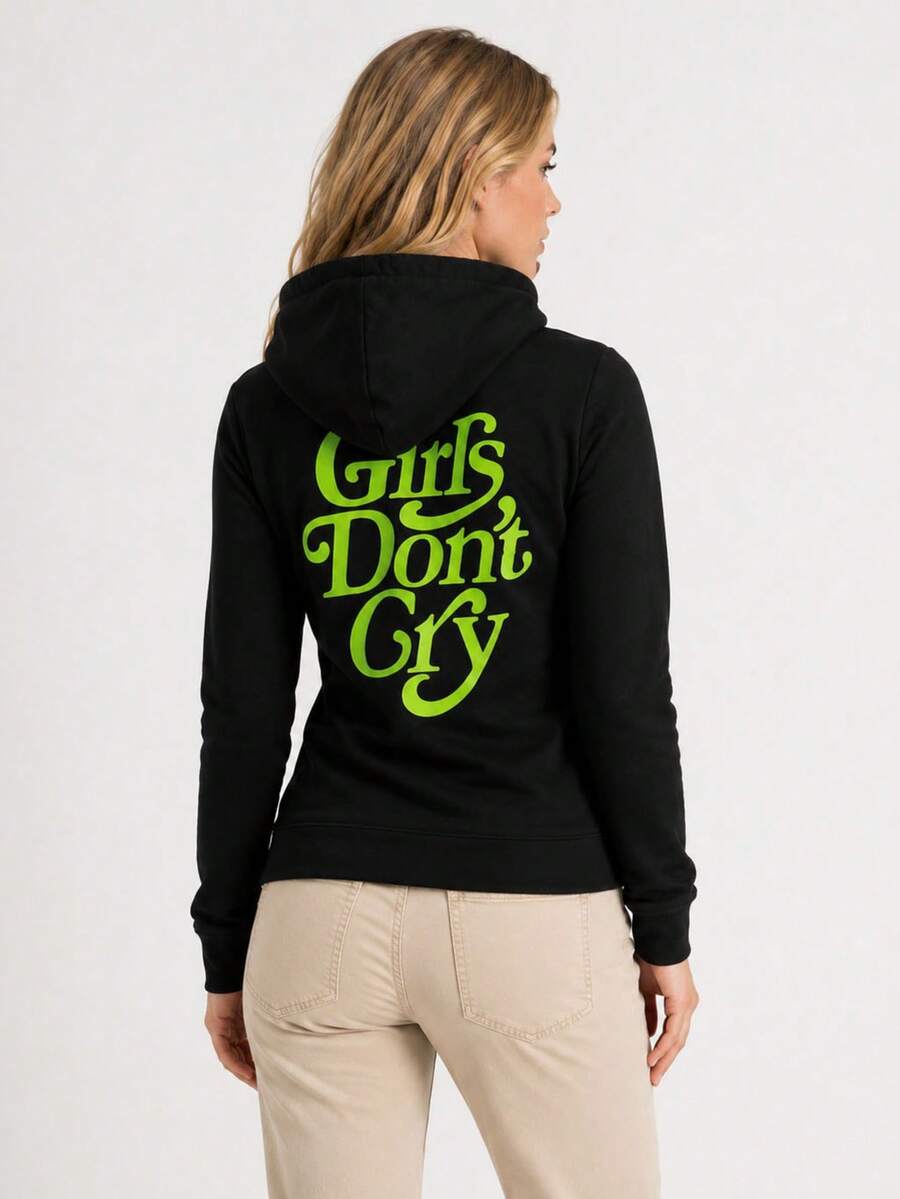 Women's Short Sweatshirt, Hooded Sweatshirt, Pulls On Over The Head, Waist Length, Sleeves And Hem Finished With Cuffs, Decorative Print, The Sweatshirt Is Smaller Than The Label Suggests. - Black - View 1