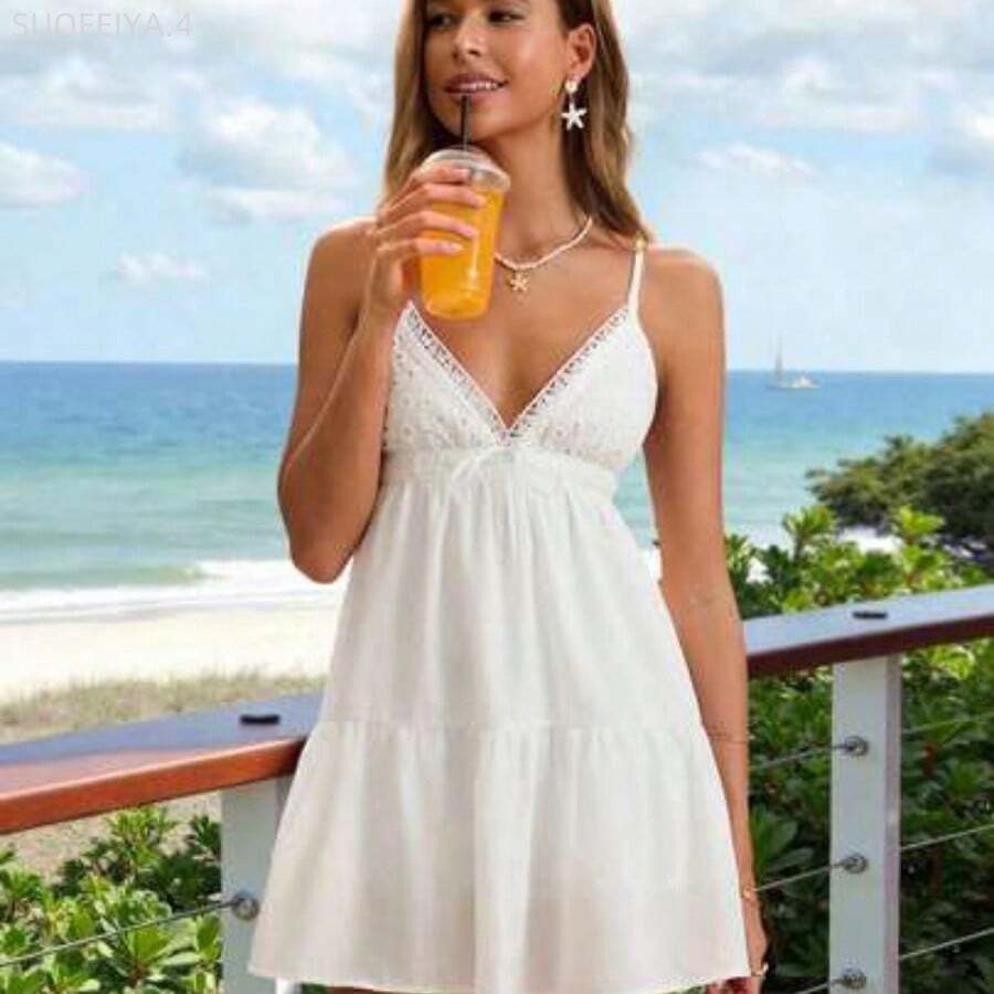 Fengyu Women's Clothing Store Vestido de tirantes con cuello en V, parches de encaje y bordado, unicolor, versátil para uso diario y vacaciones, para primavera/verano - Blanco - Ver 1