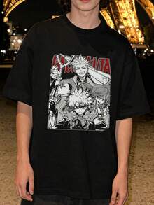 T-shirt casual de verão para homem, macia, de gola redonda e manga curta, com estampado gráfico de personagens de anime de desenhos animados japoneses, adequada para fãs de manga. - Preto - Ver 1