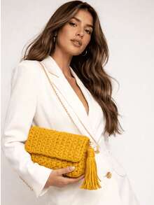 Women's Crochet Party Bag - Mustard Yellow - View 3
